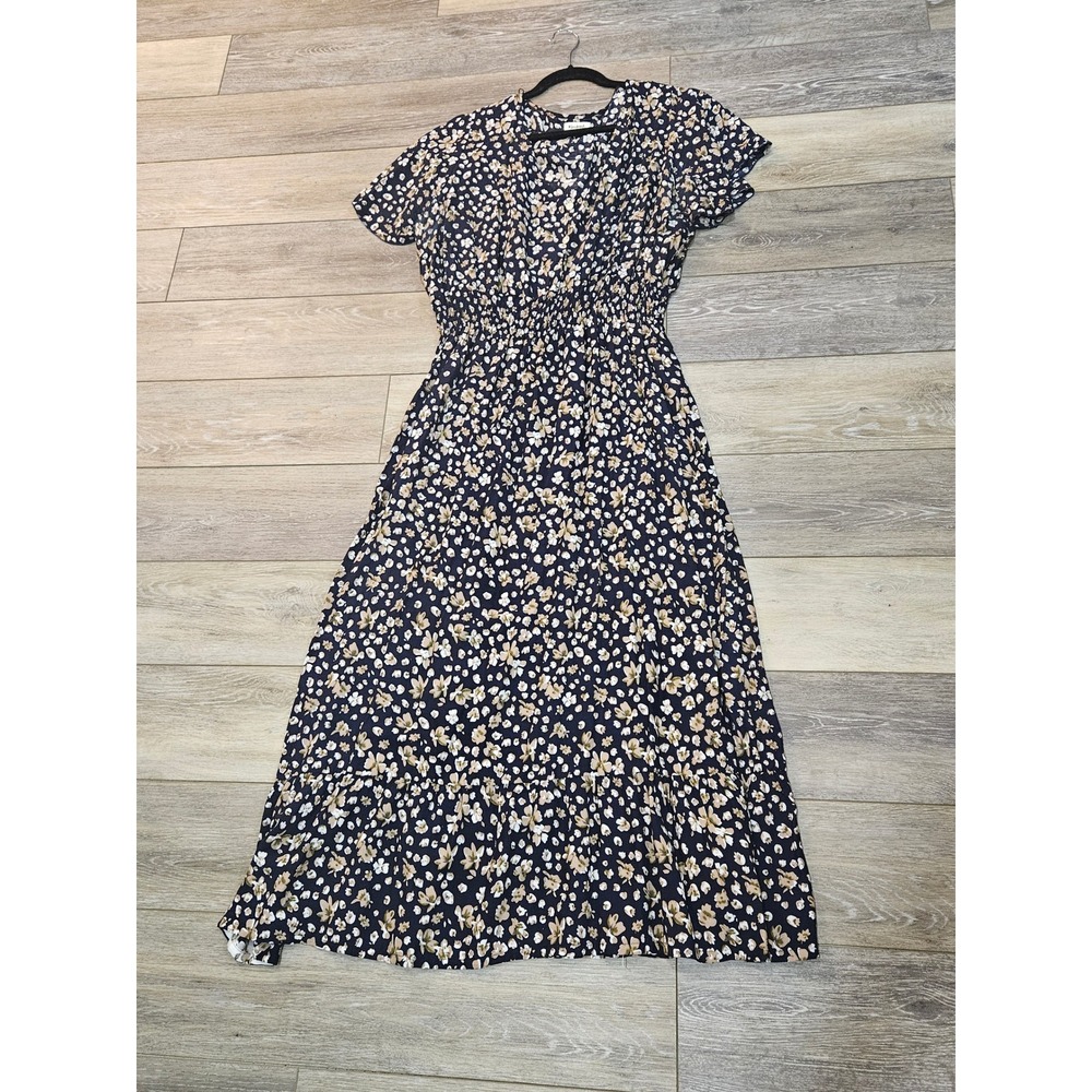 Kindred Floral Maxi Dress Navy Blue Smocked Waist V-Neck Rayon XL Womens